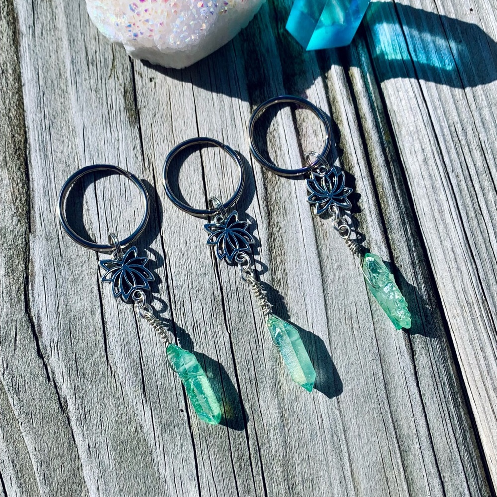 Mint Aura Quartz Lotus Keychains